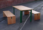 Fir Table with Painted Legs and Benches.